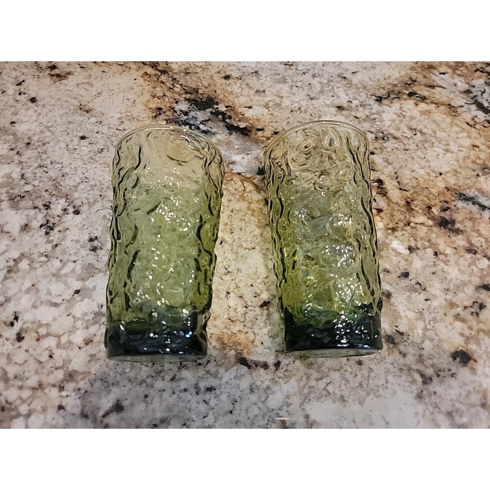 Vintage Anchor Hocking Ripple Lido Drink Glass Set of 2 5.5"‎ 12oz Avocado Green